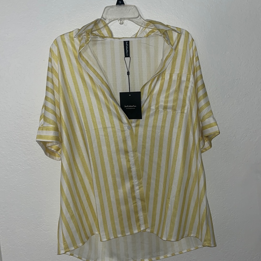 JustFashonNow Yellow striped button up t-shirt